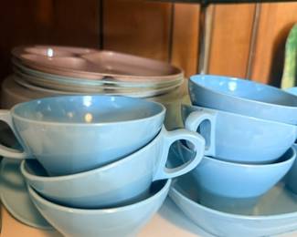 Blue Fiestaware style cups and saucers