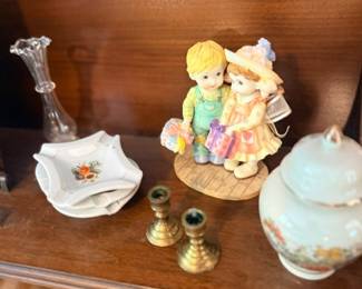 Porcelain boy & girl figurine, brass candlesticks