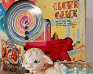 Vintage Bagatelle Gun Clown Game & ceramic lamb planter