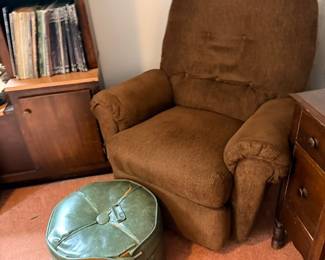 Upholstered recliner armchair & vintage train case