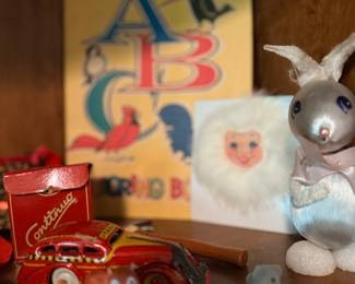 Vintage ABC book, tin toy car & spun cotton bunny