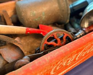 Vintage Coca-Cola crate filled with antique tools & brass blowtorch