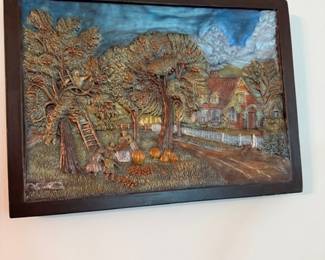Framed 3D relief cottage landscape art in wood frame
