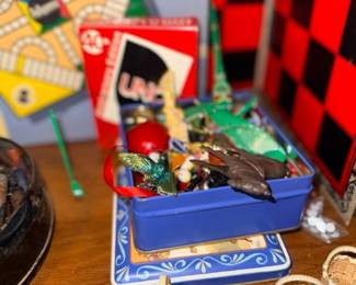 Vintage board games, UNO & woven baskets