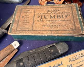 Vintage harmonica, radio hardware book & thermometer box