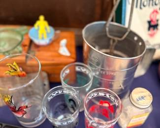 Vintage rooster juice glasses, Prang paint set & Monopoly game