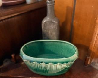 Green art pottery bowl & vintage glass bottle