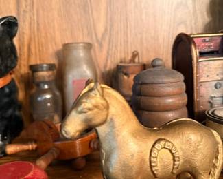 Brass horse figurine, wooden string holder & vintage jars