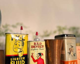 Vintage lighter fluid tins — Red Devil, copper mug & tea tin