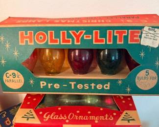 Vintage Holly-Lite Christmas bulbs & boxed glass ornaments