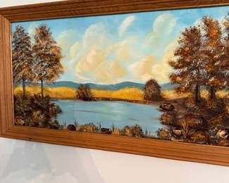 Framed autumn lake landscape oil painting, wood frame