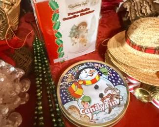 Snowman candy tin, straw hat and holiday decor