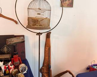 Antique brass birdcage on stand, religious icon & leather case