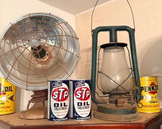 Antique kerosene lantern, chrome fan & STP/Pennzoil oil cans