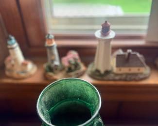 Green art pottery vase & lighthouse figurines