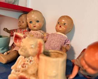 Antique baby dolls & vintage ceramic figural planter