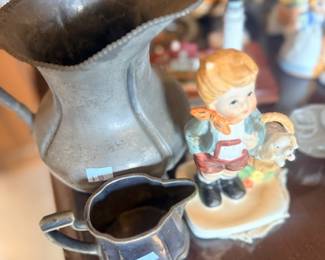 Pewter pitcher & Hummel-style figurine