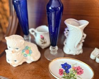 Cobalt blue bud vases & porcelain figurines