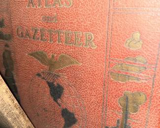 Antique World Atlas and Gazetteer leather-bound book