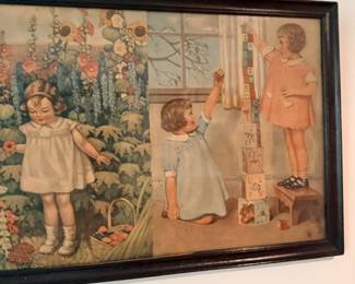 Framed vintage children in garden print