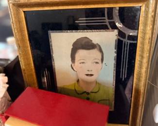 Framed vintage portrait & red Art Deco clock