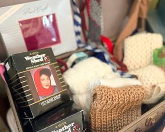 Vintage rain scarves & knit accessories in suitcase