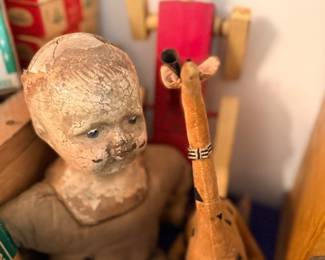 Antique composition doll & wooden jointed folk toy figure