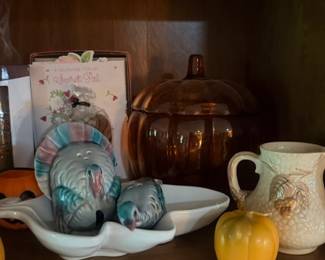 Thanksgiving turkey figurines and ceramic pitcher