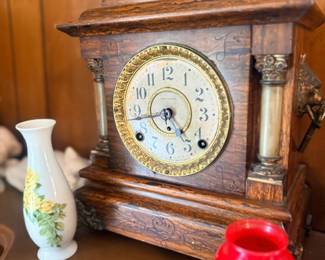 Antique oak mantel clock & art pottery vases