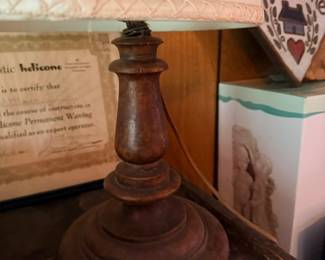 Turned wood table lamp with shade