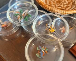 Vintage glass coasters with painted birds