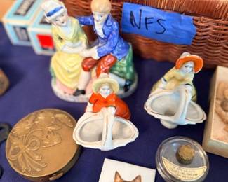 Vintage porcelain lady figurines, compact & cat art tile