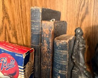 Antique leather books, figural bookend & vintage Ball jar box