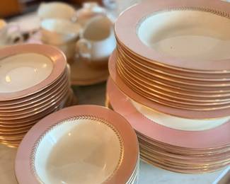 Pink and gold rimmed china plates set