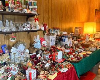 Christmas decor collection on wood shelving