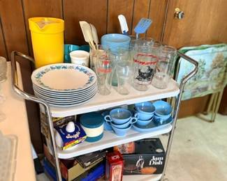 Kitchen cart with vintage Pyrex & glassware