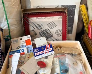 Box of vintage sewing supplies & church directory