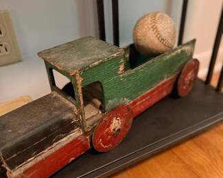 Antique painted wooden toy steamroller & baseball