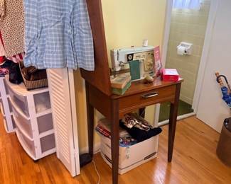 Vintage sewing machine, clothing & side table