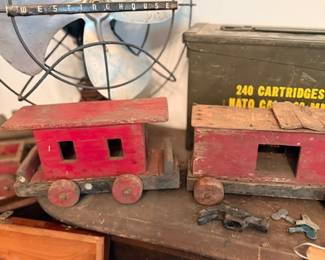 Antique wooden toy train, Westinghouse fan & metal ammo can