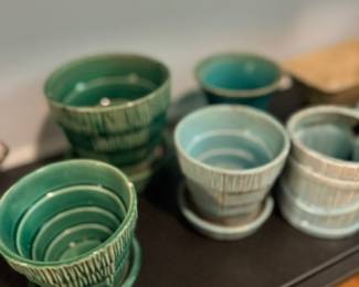 Vintage art pottery flower pots, green & blue glaze