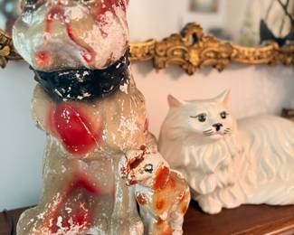Antique chalkware carnival dog & cat figurines
