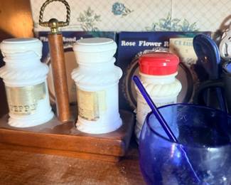 Cobalt blue glass vase and milk glass jars