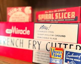 Vintage kitchen gadget boxes — French fry cutter, spiral slicer & razor blades