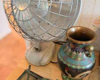 Vintage chrome fan & cloisonné vase
