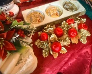Gold and red floral Christmas decor items