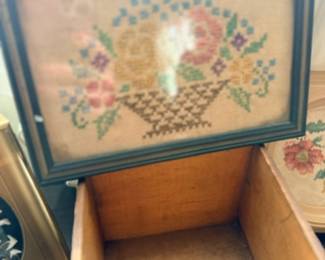Framed cross-stitch flower basket needlework