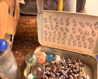 Vintage metal jacks, marbles & game tin