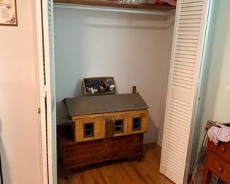 Antique wicker trunk & wooden dollhouse