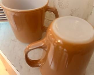 Vintage brown glaze milk glass mugs pair